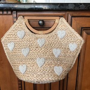 Shiraleah Natural Straw Tote with Beaded White Heart Details